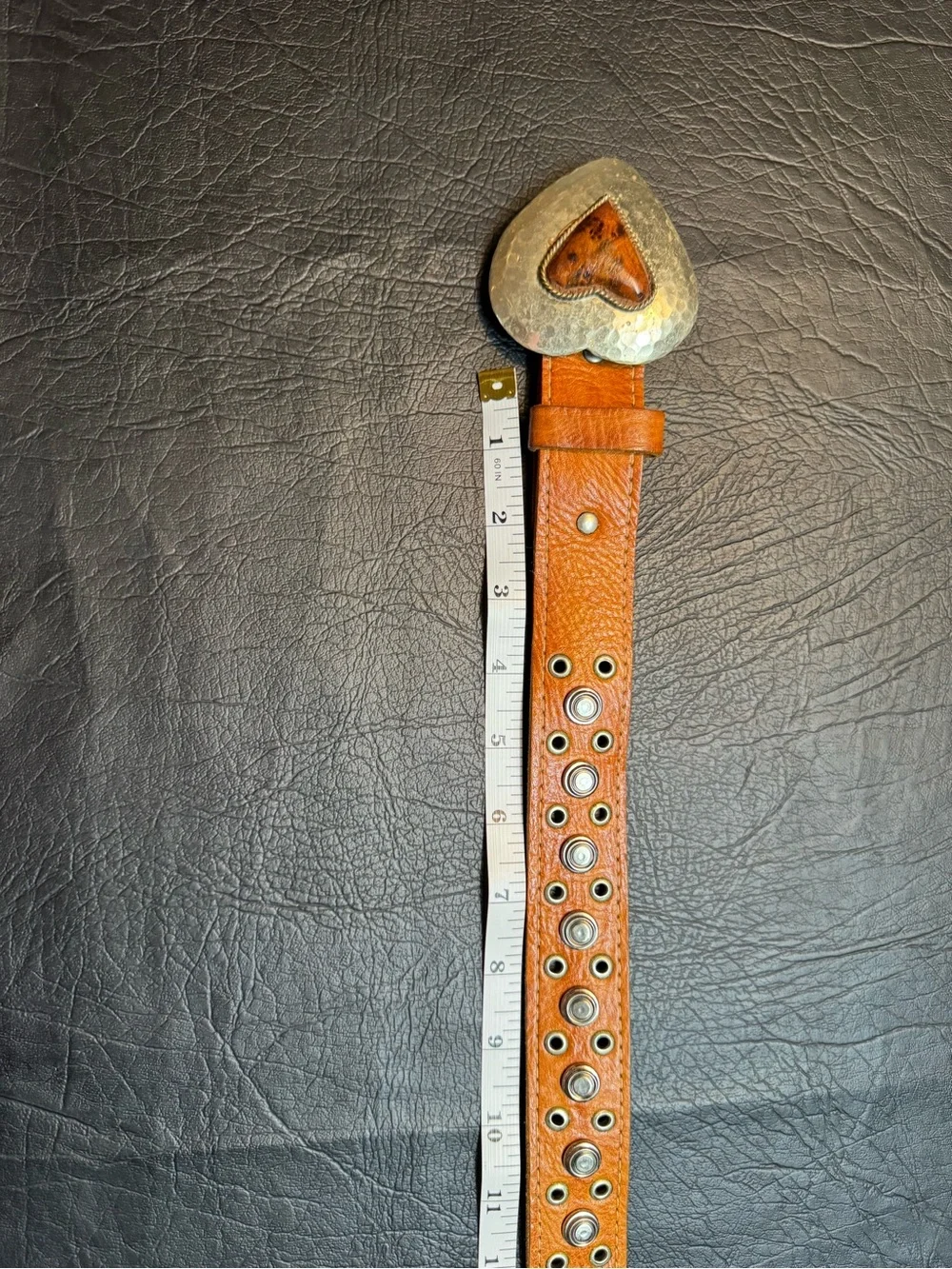 Chico’s M/L Leather Belt Heart Buckle Studded Grommet Western Boho Morocco 38”